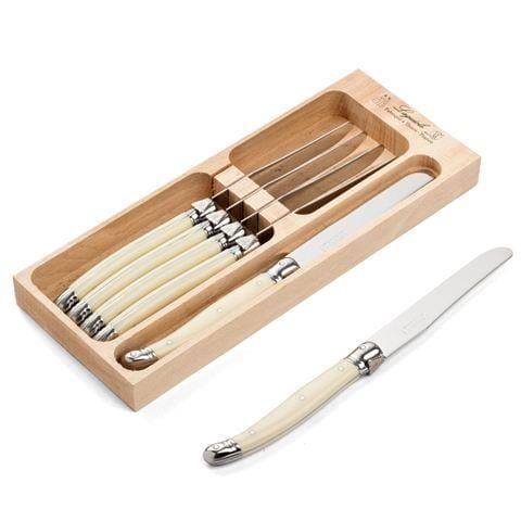 Laguiole Andre Verdier Debutant 6 piece Table Knife Set in wooden box Ivory
