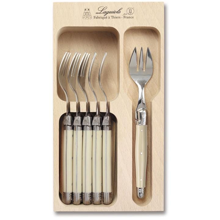 Laguiole Andre Verdier Debutant 6 piece cake fork Set in wooden box Ivory